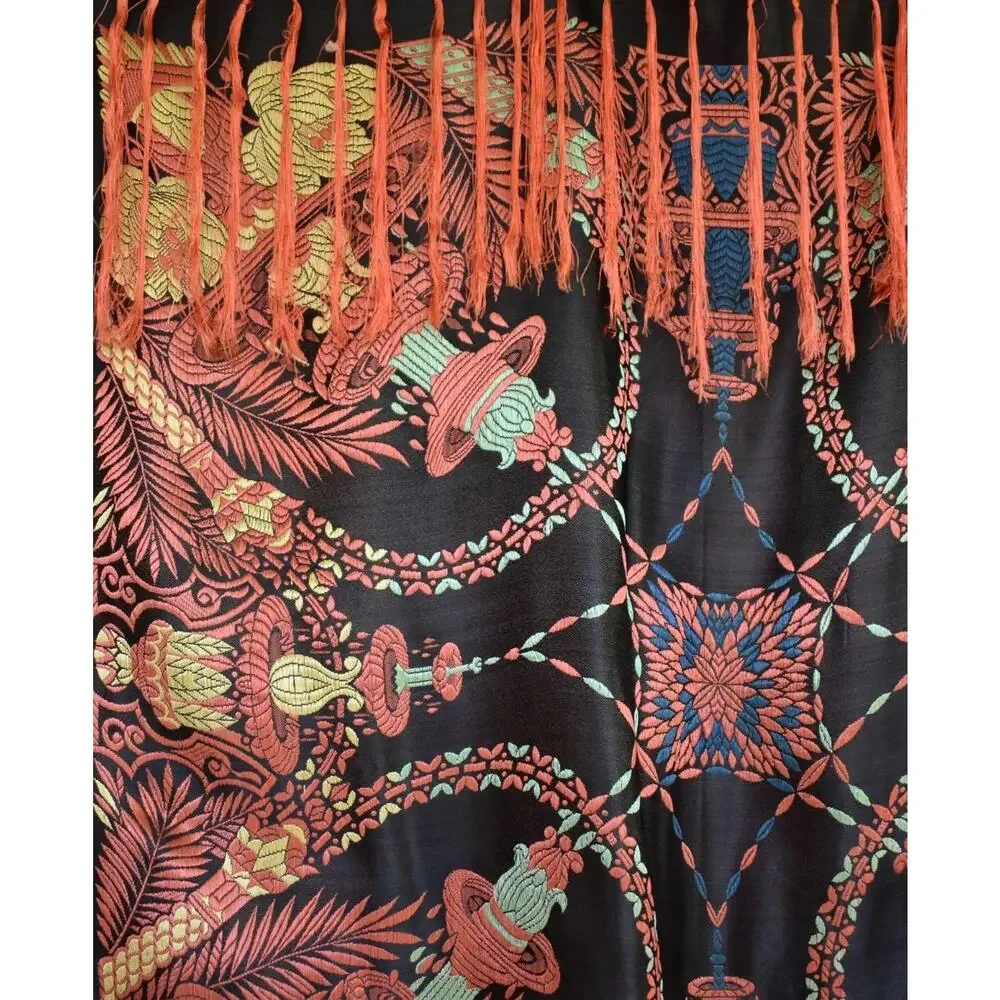Vintage 40s Black Silk Taj Mahal Piano Shawl Scarf, Fringed Jacquard Brocade
